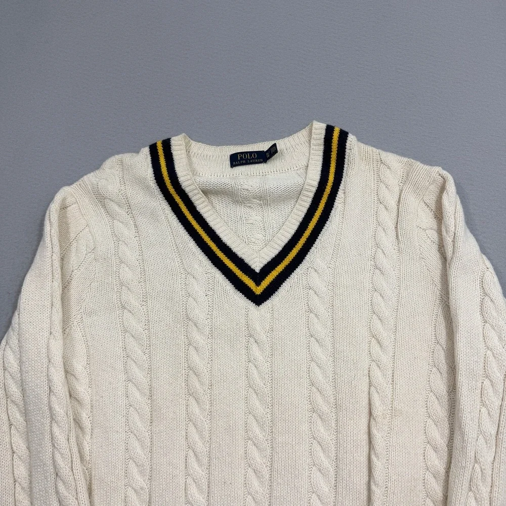 Polo Ralph Lauren Sweater Mens XL Ivory Cricket Cable Knit Cotton Cashmere VNeck